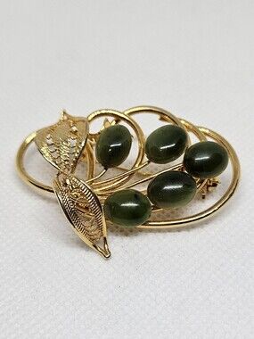 Vintage Gold Tone Green Cabochon Brooch Leaf Swirl Statement Pin